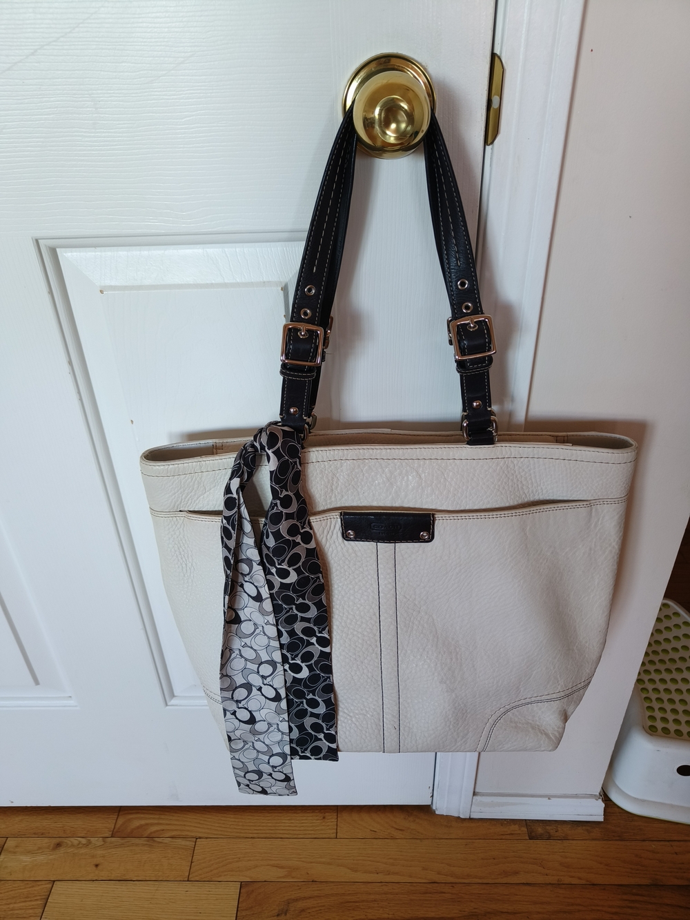 Coach Cream Tote Bag with Black Straps and Scarf Accent